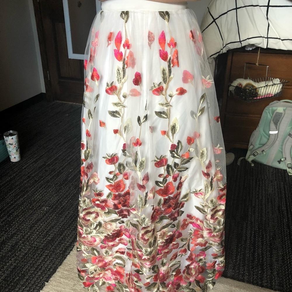 White and floral embroidered maxi skirt